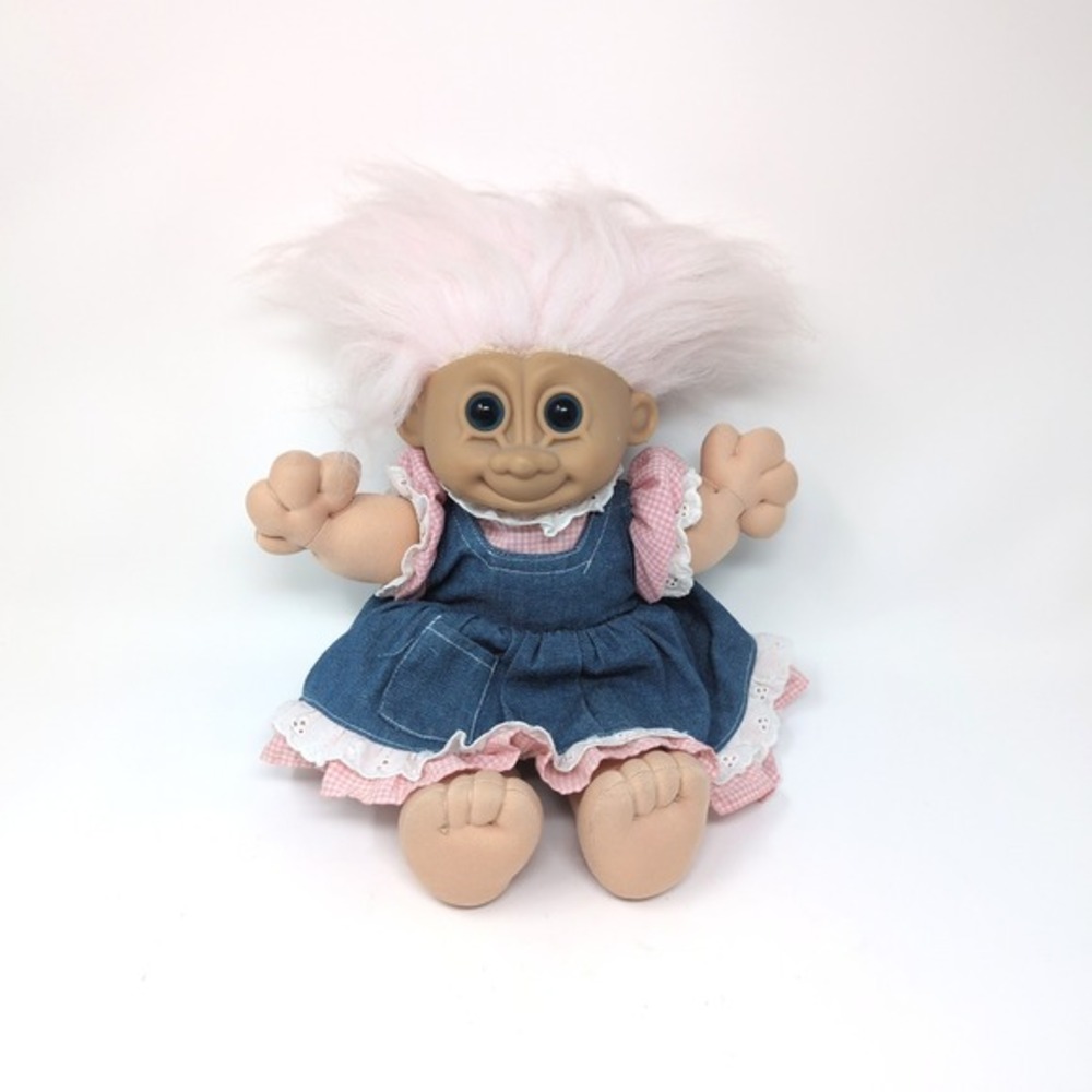 Russ Berrie Plush Troll Doll Pink Hair Denim Dress Vintage Kids Toy‎